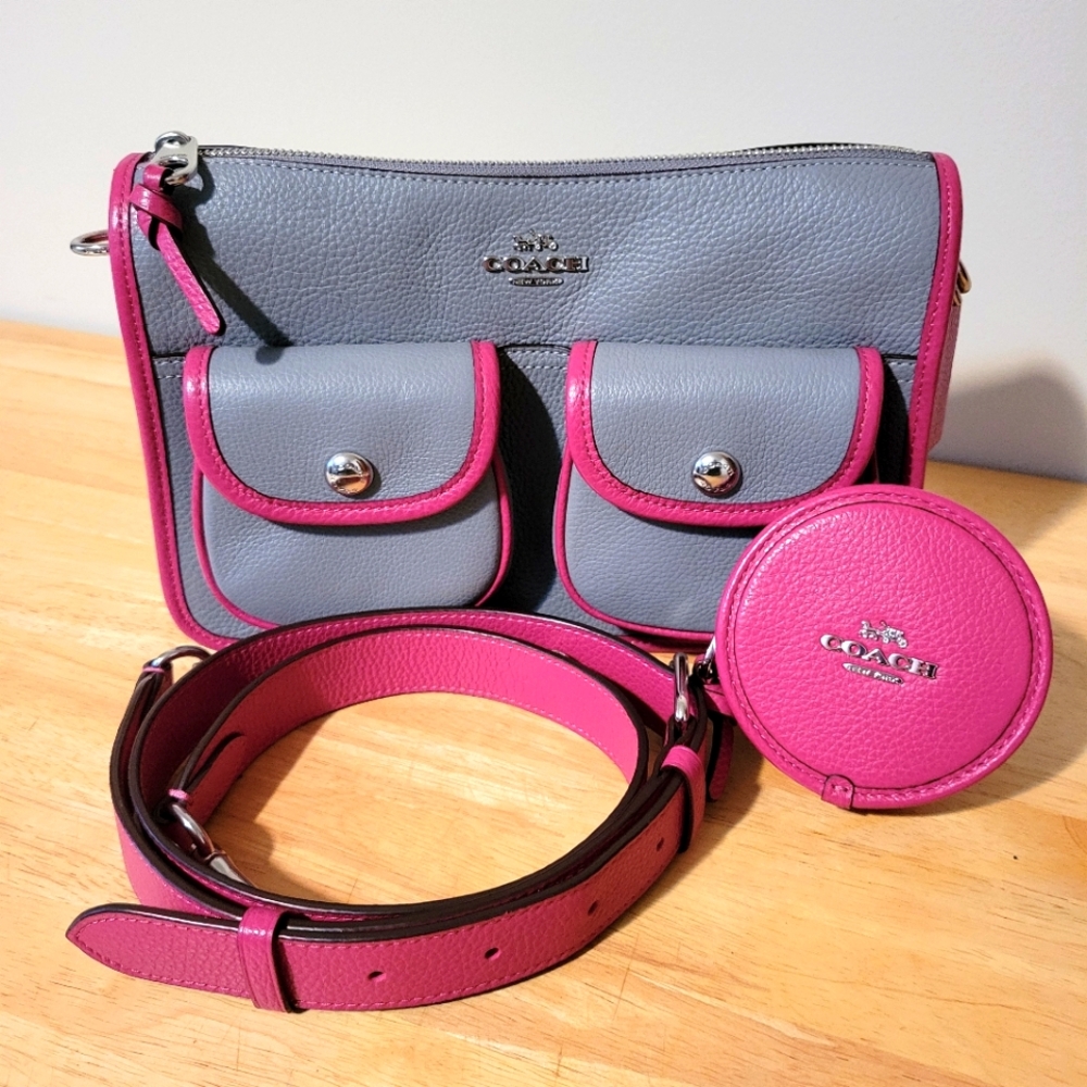 Coach Pennie Crossbody with Coin Pouch Gray Pink Leather Spring Summer